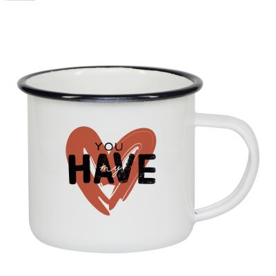 China Viable Wholesale Sublimation 12oz Metal Enamel Mug Camping Coffee Custom Enamel Mug With Black Rim for sale