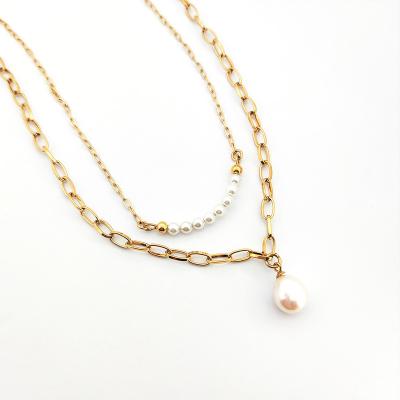 China Trendy Trendy Gold Plated Necklace 316l Stainless Steel Paperclip Jewelry Gold Plated Pearl Pendant Freshwater Pearl Necklace for sale