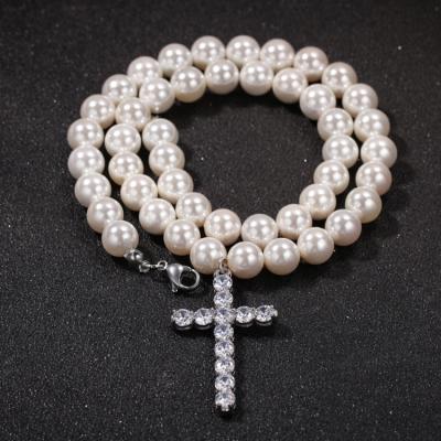 China Wholesale Fashion Design Mens Fashion Non-fading GZYS JEWELRY Drop Pearl Necklace With Cross Charm for sale