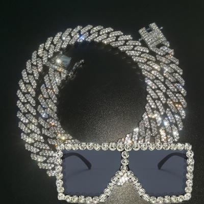 China Hot Selling Hiphop JEWELRY Fashion Hip Hop Necklace GZYS Set Jewelry Iced Out Cuban Link Chain With Sunglasses Set for sale