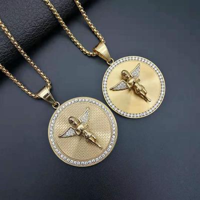 China GZYS JEWELRY HIPHOP Jewelry Titanium Steel Non-fading 18k Gold Plated Heavy Inlaid Zircon Angel Coin Pendant Necklace for sale