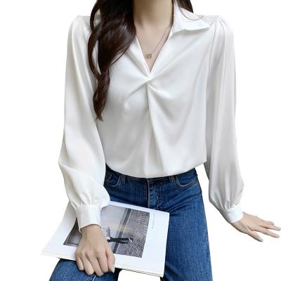 China Breathable Spring Autumn Office Ladies Shirts Plain Blue White Ruched Blouses Women Clothes for sale