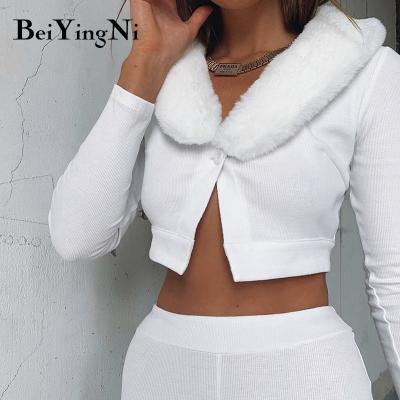 China Autumn Winter Fashion Breathable Female Simple Fur Collar Crop Top Outwear Casual White Green Short Coats Women for sale