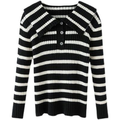 China Autumn Winter White Black Striped Breathable Knitted Tops Fashion Female Long Sleeve Ladies Jumper Casual Sweaters Womens Pullover Basic for sale