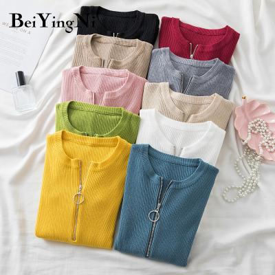 China Women Breathable Zipper O-Neck Knitwear Solid Basic Warm Cheap Sweaters for sale