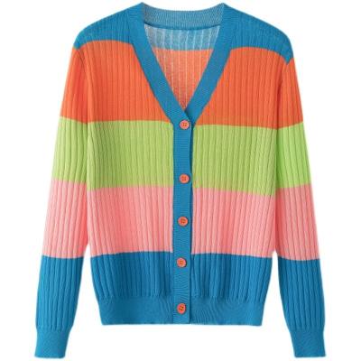 China Wholesale Cheap Casual Loose Sweater Women Breathable Spell Color Stripe Knit Tops Female Cardigan Long Sleeve Buttons for sale