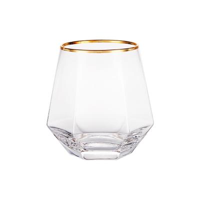 China 300ml Stemless Country Colored Hexagon Shape Acrylic Whiskey Gold Rim Rock Pla Wine Cup Glass for sale