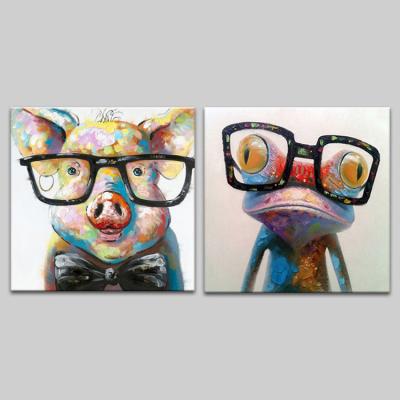 China Abstract Handpaint 2 Piece Modern Kid Wall Art Decoration Animal Frog Pig Oil Painting On Canvas for sale