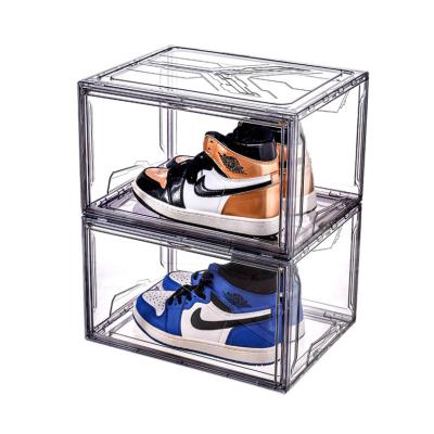 China Folding Collapsible Organizer Drop Open Door Shoe Transparent Acrylic Magnetic Side Box Storage Container Shoe Case for sale