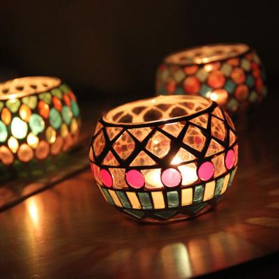 China Art Handmade Tealight 6 color mosaic of people around candle glass house colored glass candle holder for sale