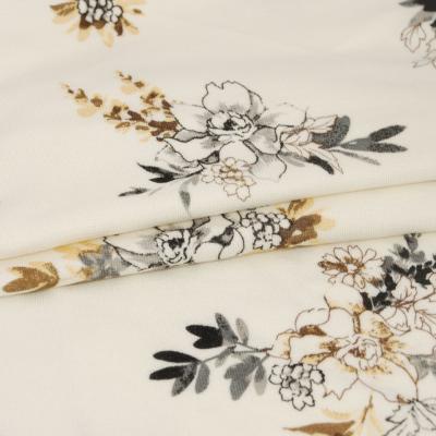 China Cheap Interlocking Stretch Poly Ponte Roma Fabric Ivory Beige Color Floral Printed Suede Rayon Span Fabric for sale