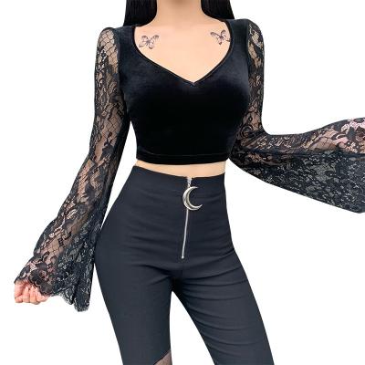 China Sustainable 92313 Long sleeved base shirt summer sexy perspective crop T-shirt ins lace patchwork trumpet sleeve slim top for sale