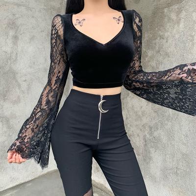 China Sustainable 2022 Europe and the United States dark women's Gothic style sleeve leggings short V-neck lace stitching velvet top for sale