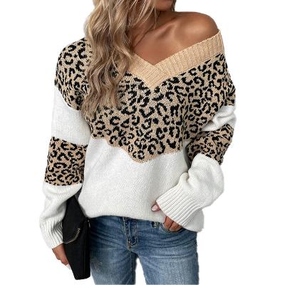 China Other V-Neck Pullover Color Contrast Leopard Foreign Trade Knit Shirt Autumn and Winter 2022 New Amazon Europe and America for sale