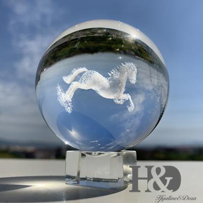 China China H&D 2.4inch Crystal Carving Horse Crystal Ball With Two Stands Free Fengshui Home Decor Gift for sale