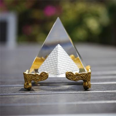 China China H&D Energy Healing Crystal Glass Pyramid With Gold Clear Stand Egypt Figurines Miniatures Ornaments for sale