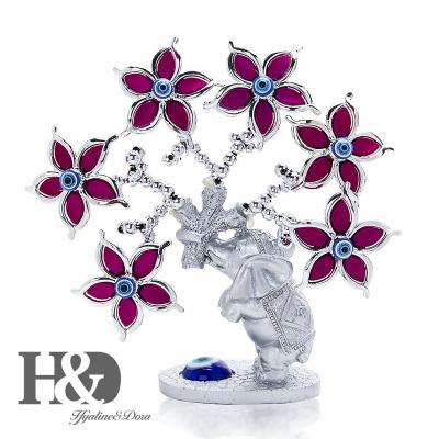 China Europe H&D Chinese Feng Shui Decoration Blue Evil Eyes Flowers Bendable Branches Bonsai Silver Tree On Elephant Base for sale