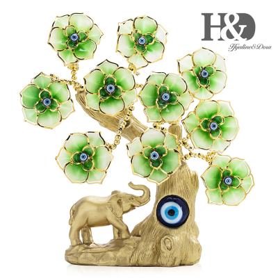 China H&D Europe Turkish Blue Gold Evil Eye Fortune Tree with Elephant Figurine and Green Flowers for Home Decor for sale