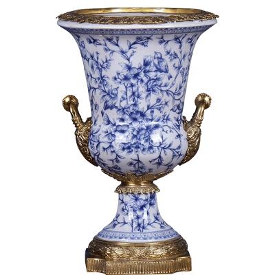 China Minimalist white and blue 2021 decor and home vase flower china with brass for living room entryway for sale