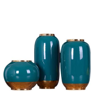 China Art Decor European Luxury Hotel Porch Dining Table Flower Vase Jingdezhen Green Gold-rimmed Ceramic Three-piece Vase for sale