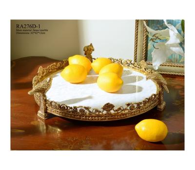 China Art Decor European French American marble with round fruit pure copper dish tray ornaments large high-end luxury decoration tray for sale