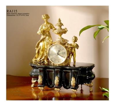 China Art Decor French Style Living Room Time Clock with Black Ceramic with Gold European Desk Solid Copper Clock Angel Mother and Child Clock for sale