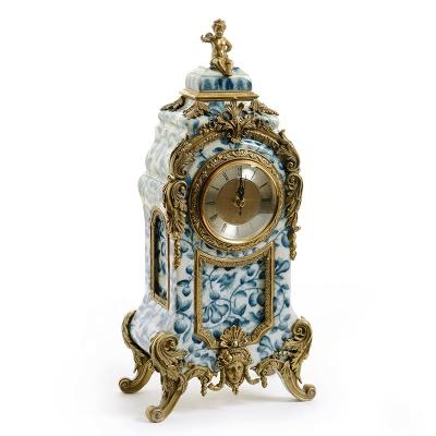 China Art Decor American European High-end Luxury Ceramics With Blue White Crafts Ornaments Porcelain Decorative Clock Copper Clock Art for sale