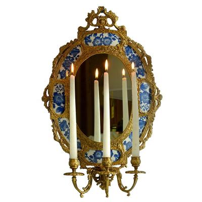 China Art Decor Household Wall Pendant Pure Copper European American French Ceramic With Oval Copper Mirror Wall Hanging Mirror With Candlestick for sale