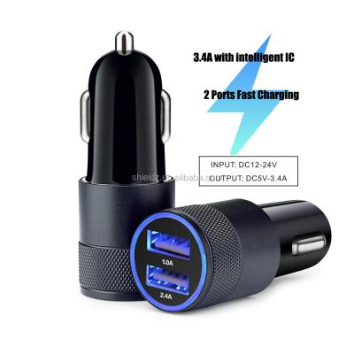 China 3.4A Universal Fast Charging Car Bullet Car Dual Port Charger Compatible with Micro Type C Cable USB Fast Charging Charging for sale