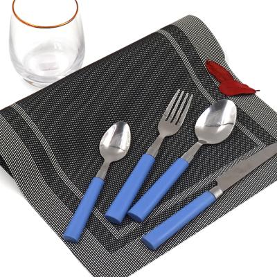 China Retro Economy Diner Handle Traditional Blue Silverware Flatware 16 Piece Flatware Set For 4 Stainless Top Plastic Handles for sale