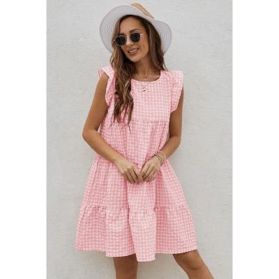 China SD322 Free Shipping Other Summer Dress Woman Plaid Around Neck Flight Fold Out Sleeve Ladies Quilted Dresses For Women Long Dress for sale