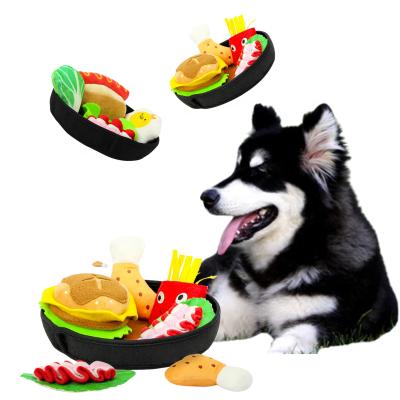 China Sustainable Wholesale Food Shaped Soft Plush Dog Nose Toys Hamburger Hot Dog Pet Toy Set for sale