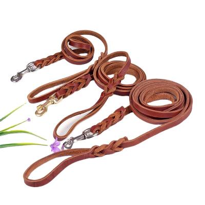 China Hot Selling Custom Braided Leather Grain Dog Leash Genuine Leather Dog Leash for sale