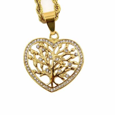 China 18k Gold Plated Stainless Steel Hiphop Hiphop Tree Of Life Heart Pendant Necklace for sale