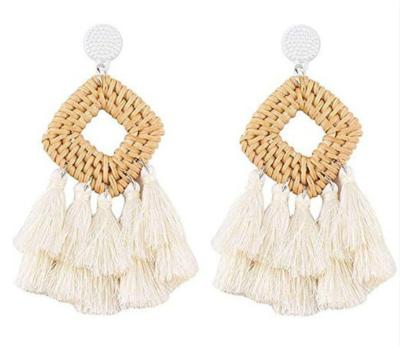 China BOHEMIA 4 Pairs Rattan Statement Geometric Tassel Woven Circle Drop Bohemian Handmade Earrings for sale