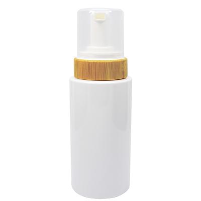 China Non Spill PET Flat Shoulder Bottle With 43mm Cover Liquid Soap White Bamboo Foam Pump for sale