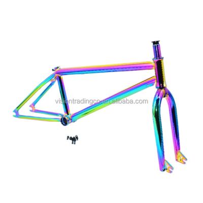 China Stock ready 20 inch bmx frame BMX chromoly 4130 CRMO fork with removable brake pivots design in oilslick jetfuel color for sale