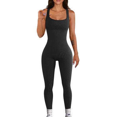 China Breathable Seamless factory Women Yoga Jumpsuits Workout Ribbed compression butt lifting square neck Long Sleeve Sport bodysuit for sale