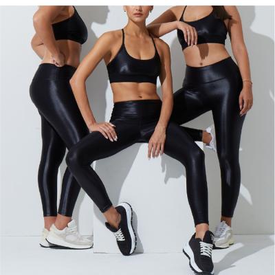 China Anti-Bacterial Apparel Women's Nylon Tricot Leggings Fleece Lined Leggings Faux Leather shiny High Waisted Yoga Workout bra and leggings sets for sale