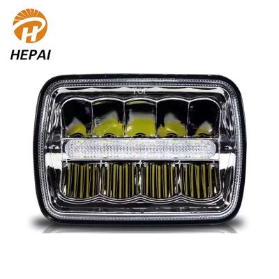 China Die-Cast 65W Inch LED Headlight Yellow And White Ring Square 7 Angel Alloy Beam High Low Led Car Light for sale