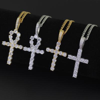 China Hip Hop Women Cuban Link Diamond Cross Necklace Gold Plated Choker Jewelry CLASSIC Cross Necklace for sale