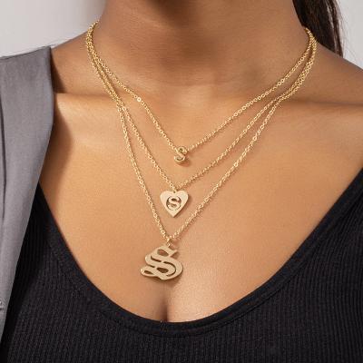 China CLASSIC Fashion Initial Letter Necklace Multilayer Pendant 18k Gold Plated Love Heart 26 Letter Necklace for sale