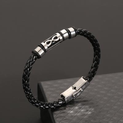 China Wholesale Vintage Stainless Steel Leather Bracelet Woven Punk Engraving 8 Shapes Leather Bracelet for sale