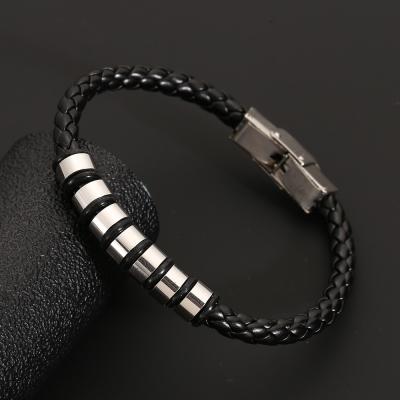 China Vintage Fashion Design Men Leather Bracelet Bangle Stainless Steel Black Braided Leather Bracelet for sale