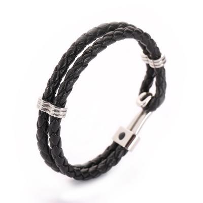 China New Vintage Stainless Steel Ship's Anchor Bracelet Black Woven Rope Multilayer Leather Bracelet For Men for sale