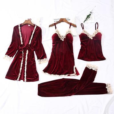 China Breathable sexy lace canary pajamas women long sleeve condole four sets of chest cushion home robe set pajamas wholesale for sale