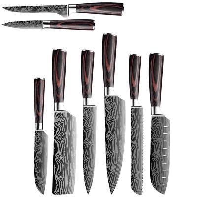 China Viable Sharp DEKOhm Damascus Steel Premium Blade 8 Pcs Kitchen Knife Sets With Wood Handle for sale