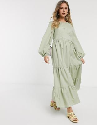 China Breathable Cotton Poplin Maxi Dress With Long Sleeves Vintage Tiered Dresses for sale