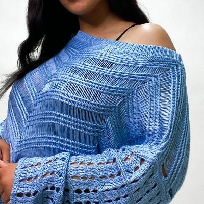 China Women Clothing Breathable Sweaters Plus Size Blue Crochet Knitted Cropped Sweater for sale