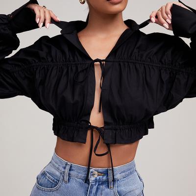 China Breathable Professional Custom Maker Mistress Rocks Black Cropped Gathered Shirt Top for sale